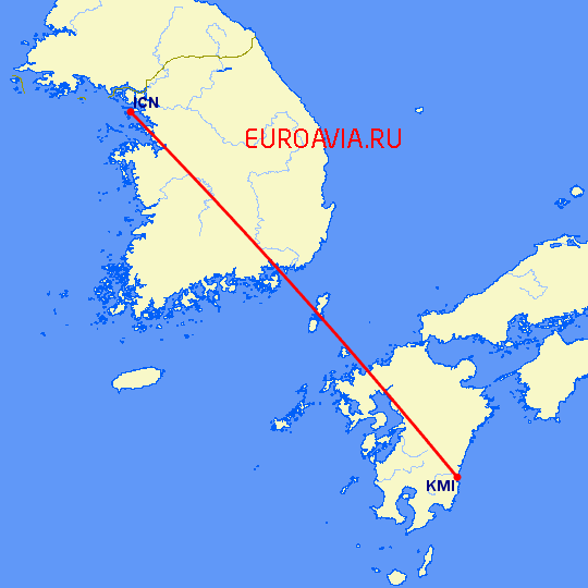 перелет Сеул — Миядзаки на карте