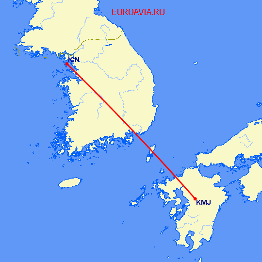 перелет Сеул — Кумамото на карте