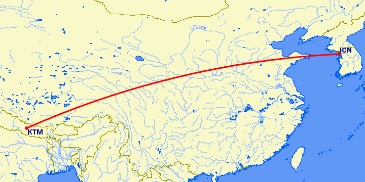 перелет Сеул — Катманду на карте