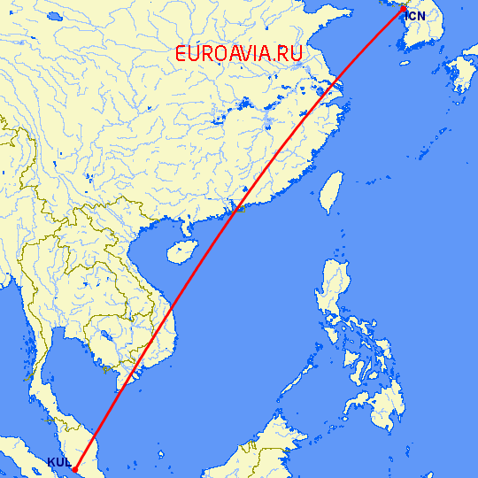 перелет Сеул — Куала Лумпур на карте