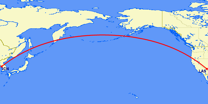 перелет Сеул — Лас Вегас на карте