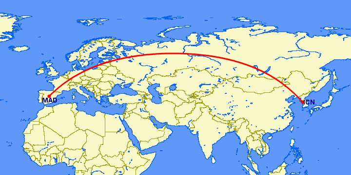перелет Сеул — Мадрид на карте