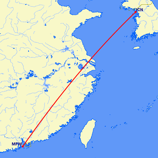 перелет Сеул — Макао на карте