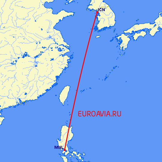 перелет Сеул — Манила на карте