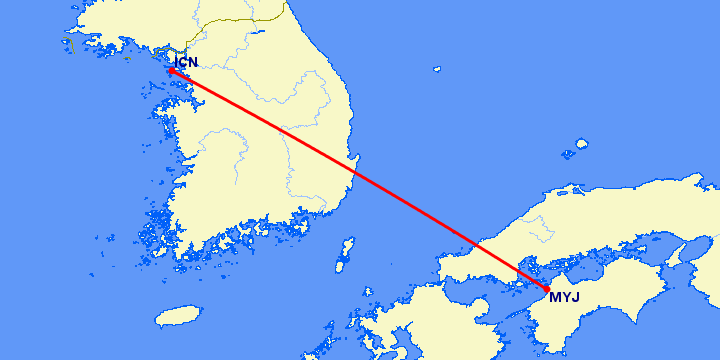 перелет Сеул — Мацуяма на карте