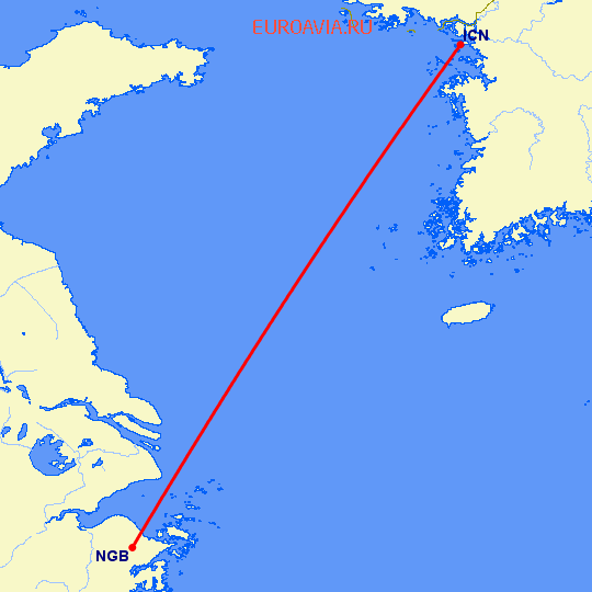 перелет Сеул — Нинбо на карте