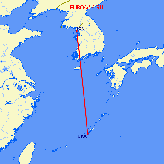 перелет Сеул — Окинава на карте