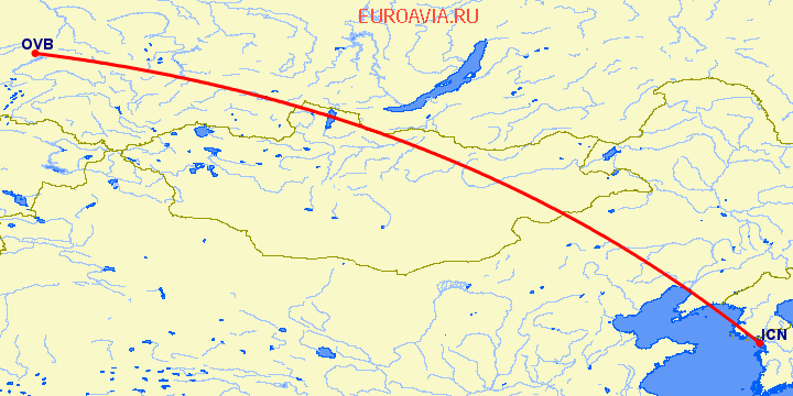 перелет Сеул — Новосибирск на карте