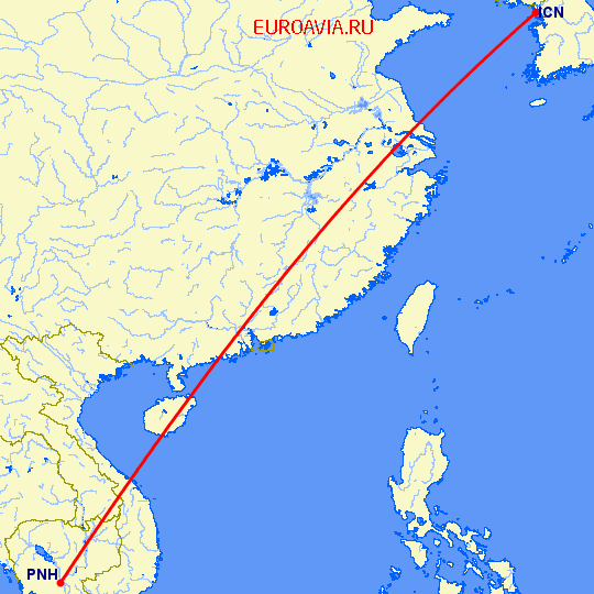 перелет Сеул — Пномпен на карте