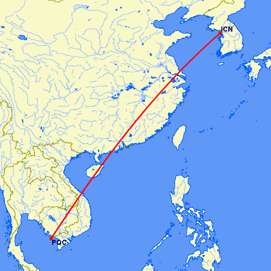 перелет Сеул — Пху Квок на карте