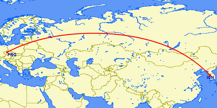 перелет Сеул — Прага на карте