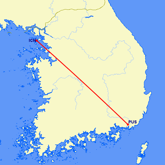 перелет Сеул — Пусан на карте