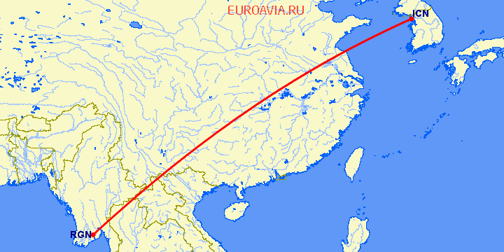 перелет Сеул — Янгон на карте