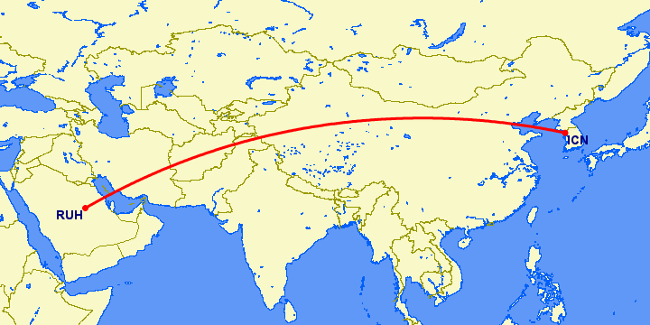 перелет Сеул — Эр Рияд на карте