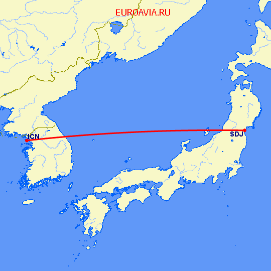 перелет Сеул — Сендай на карте