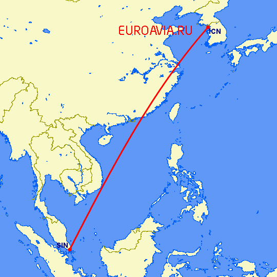 перелет Сеул — Сингапур на карте