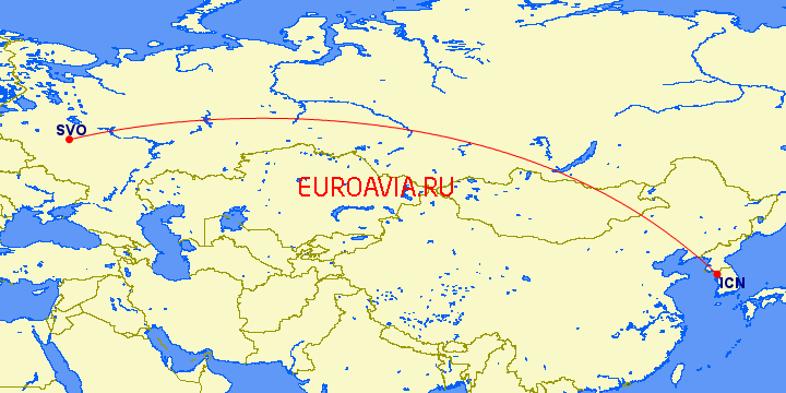 перелет Сеул — Москва на карте