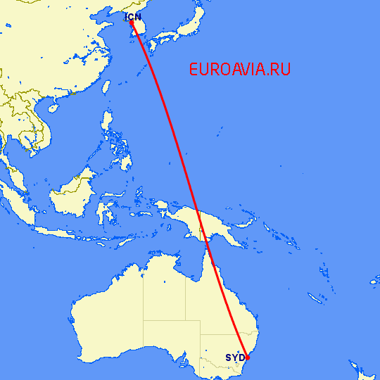 перелет Сеул — Сидней на карте