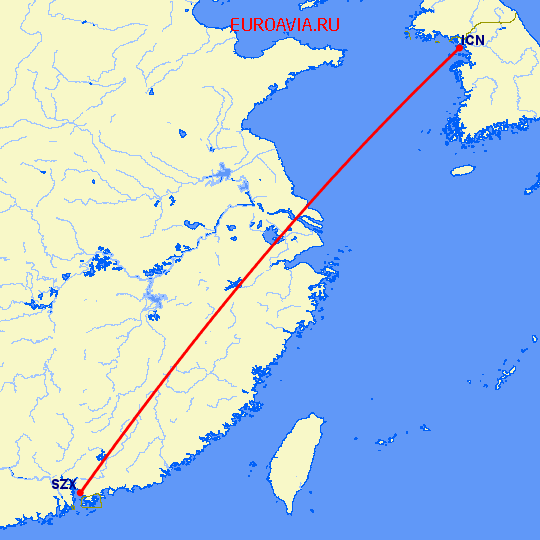 перелет Сеул — Шэньчжэнь на карте