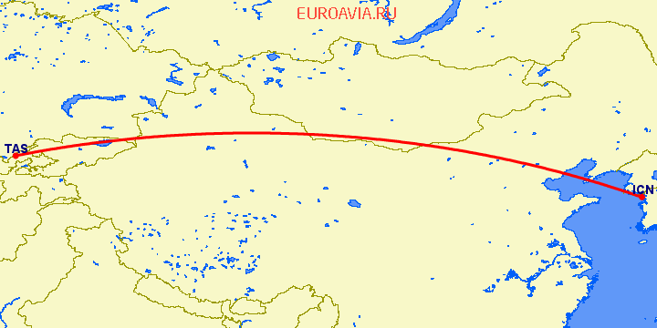 перелет Сеул — Ташкент на карте