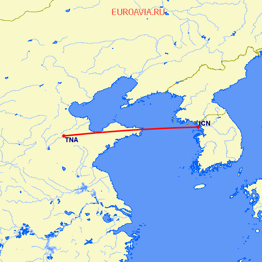 перелет Сеул — Цзинань на карте
