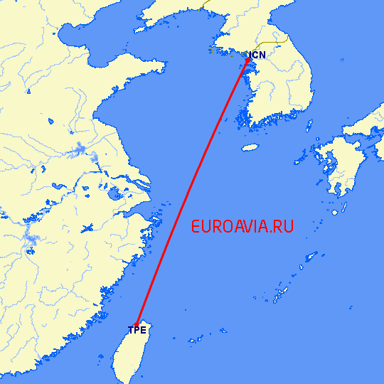 перелет Сеул — Тайбэй на карте