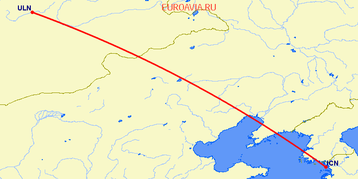перелет Сеул — Улан Батор на карте