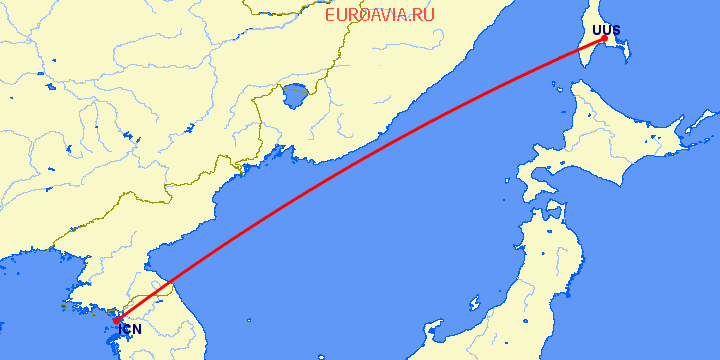 перелет Сеул — Южно Сахалинск на карте