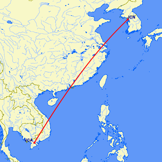перелет Сеул — Кан-Тхо на карте