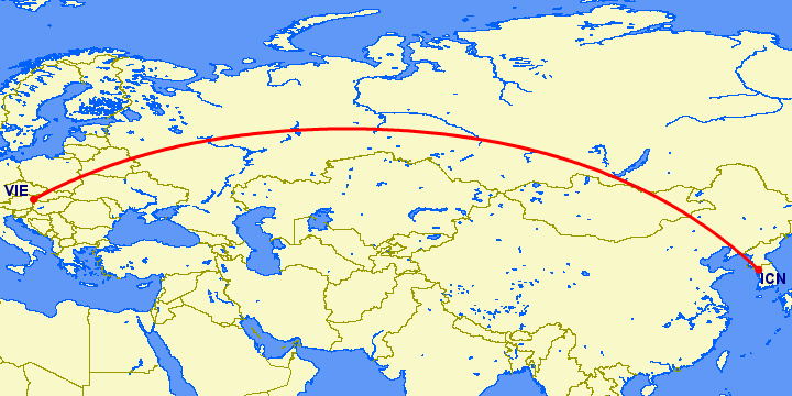 перелет Сеул — Вена на карте