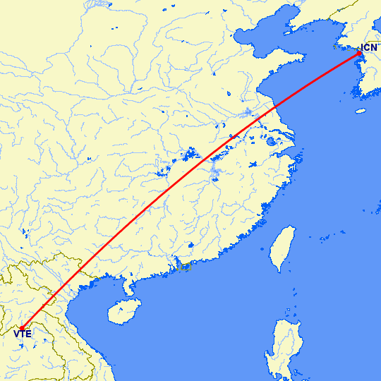 перелет Сеул — Вьентьян на карте