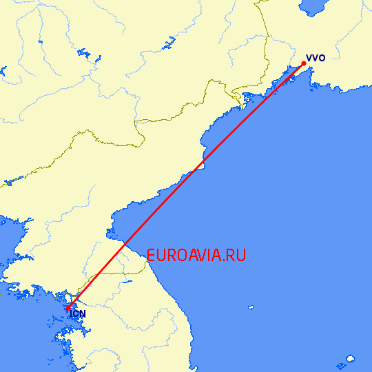 перелет Сеул — Владивосток на карте