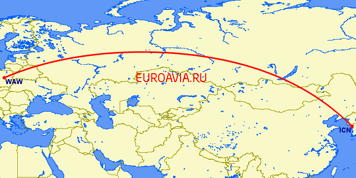 перелет Сеул — Варшава на карте