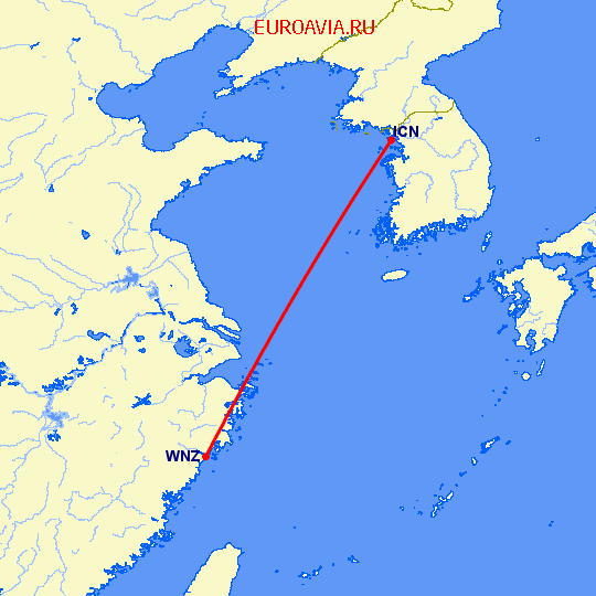 перелет Сеул — Венчжоу на карте