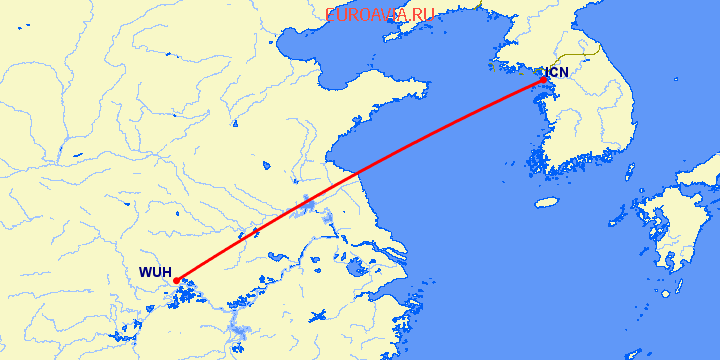 перелет Сеул — Вухан на карте
