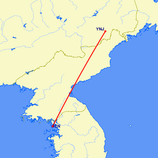 перелет Сеул — Яньцзи на карте