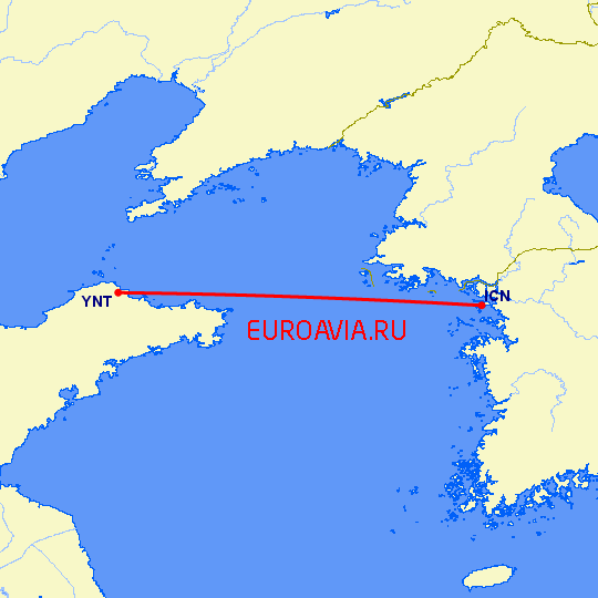 перелет Сеул — Янтай на карте