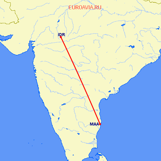перелет Индор — Мадрас Ченнай на карте