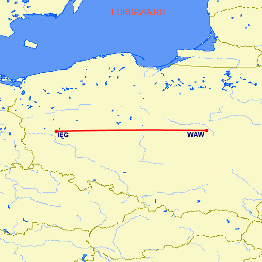перелет Зелена Гора — Варшава на карте