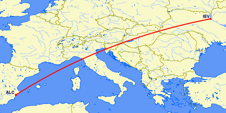 перелет Киев — Аликанте на карте