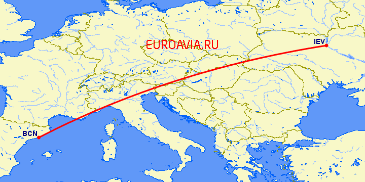 перелет Киев — Барселона на карте