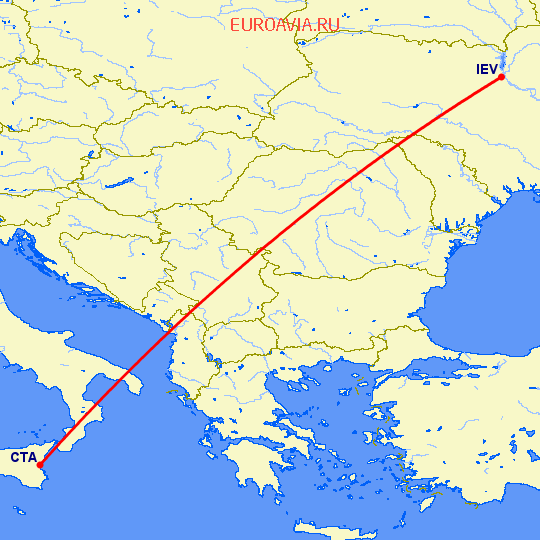 перелет Киев — Катания на карте