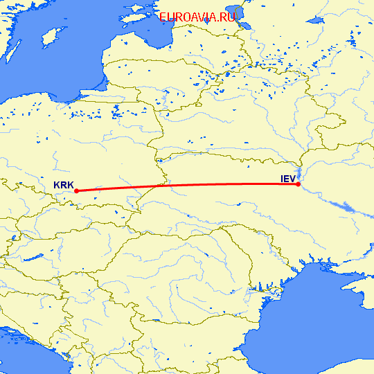 перелет Киев — Краков на карте