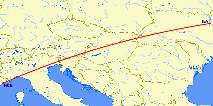 перелет Киев — Ницца на карте