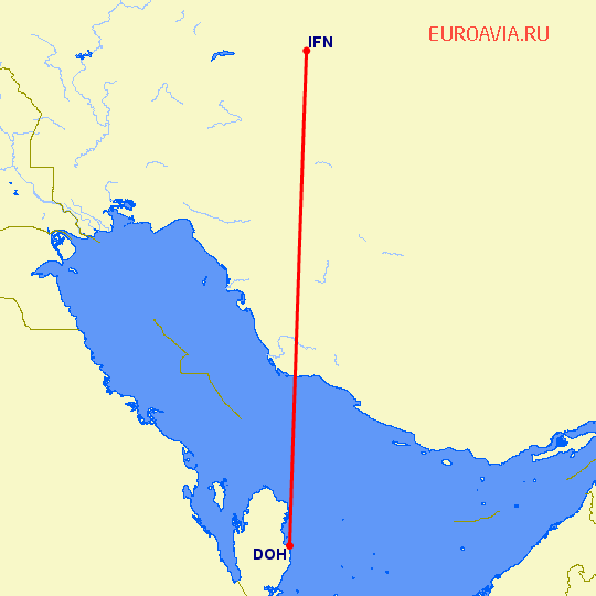 перелет Исфахан — Доха на карте
