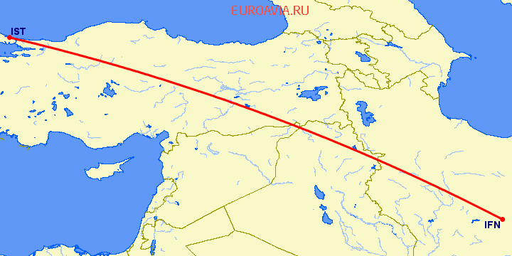 перелет Исфахан — Стамбул на карте