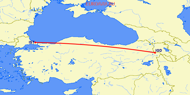перелет Ыгдыр — Стамбул на карте