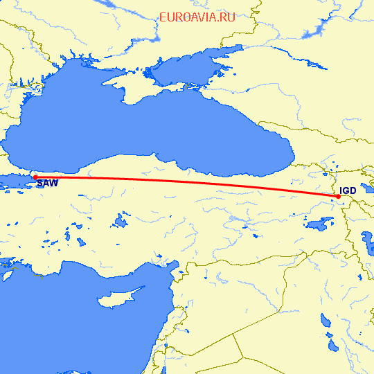 перелет Ыгдыр — Стамбул на карте