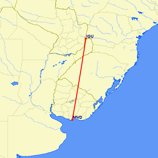 перелет Iguassu Falls — Монтевидео на карте