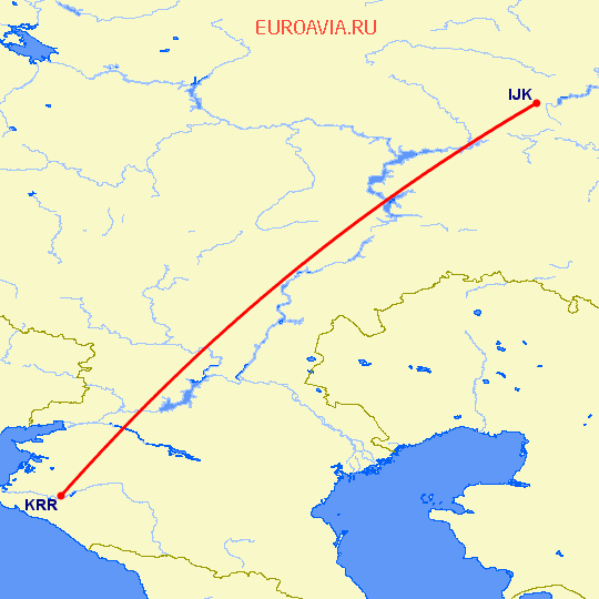 перелет Ижевск — Краснодар на карте